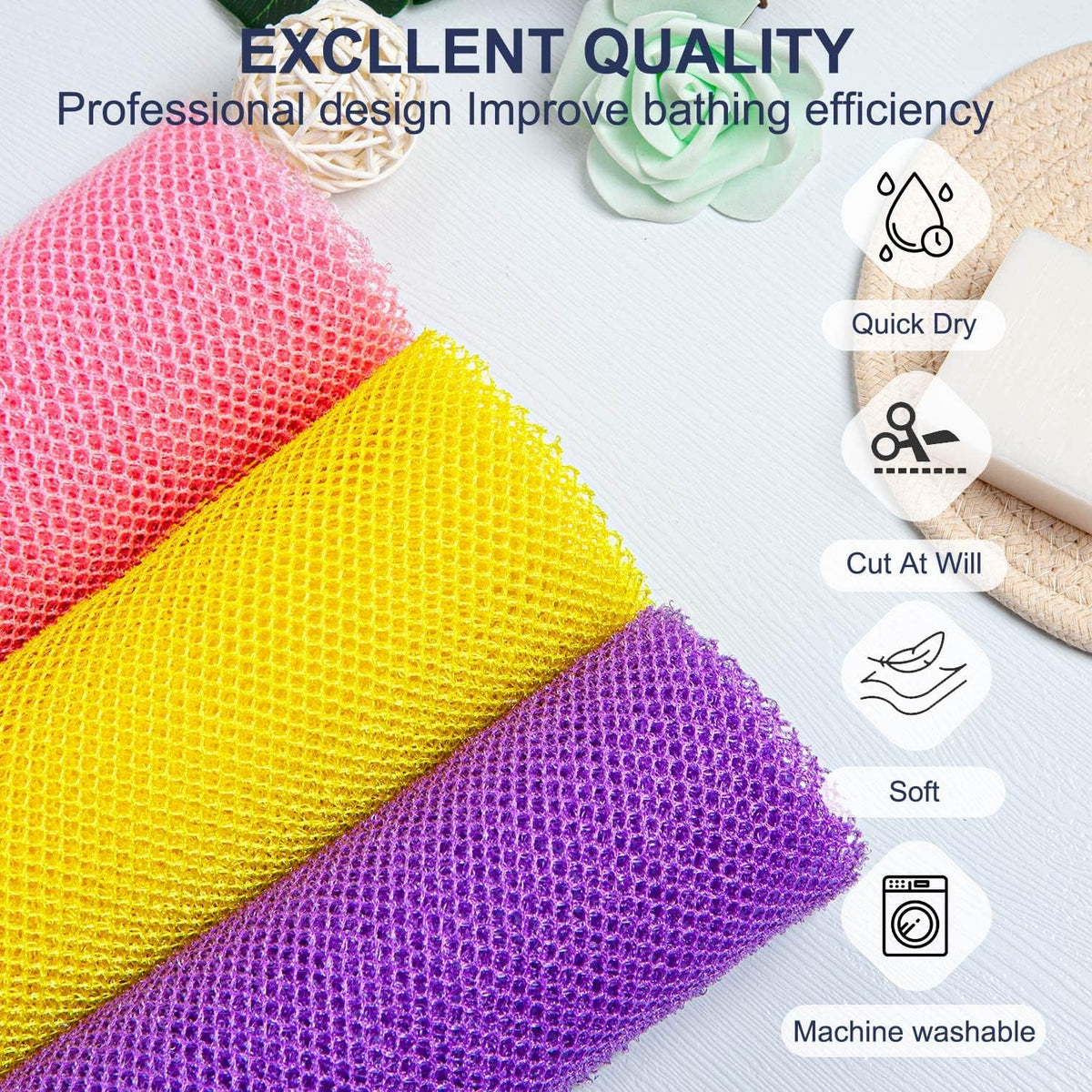 3 Pieces African Net Bath Sponge African Exfoliating African Scrubbing Long Net Rag African Wash Net Shower Body Scrubber, Yellow Pink Purple