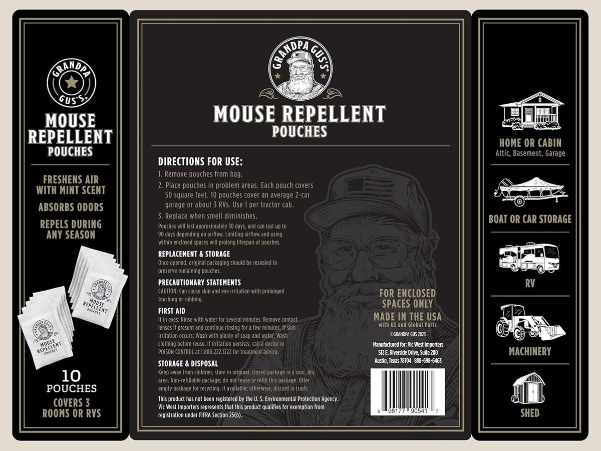 Grandpa Gus’s Extra-Strength Mouse Repellent Pouches, Peppermint & Cinnamon Oil, Natural Rodent Deterrent Control for Garage, RV, Car, Basement, Attic, Storage, 1.75 Oz (Pack of 10)
