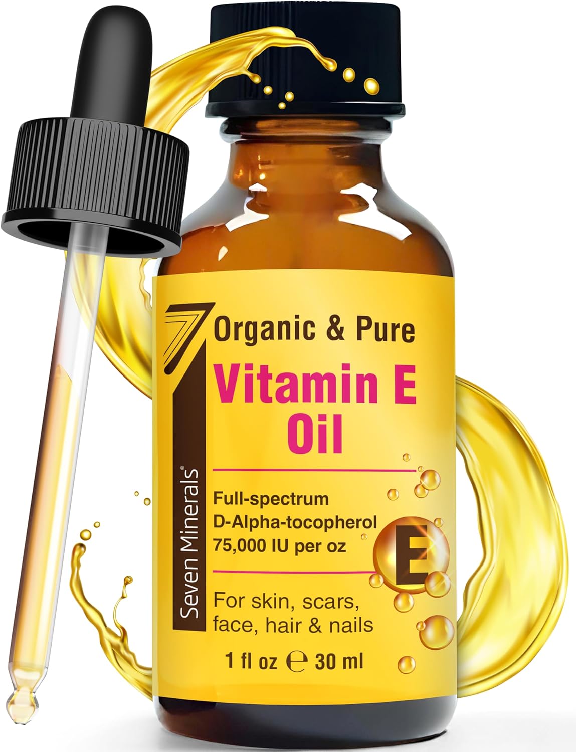 Seven Minerals Ultra Pure Vitamin E Oil - 75,000 I.U. Full-Spectrum D-Alpha Tocopherol, 1 Fl Oz - 100% Organic Vitamin E Oil for Skin, Face, Hair, and Scars - Naturally Occurring = Not Synthetic