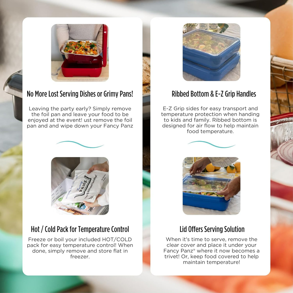 Fancy Panz - Aqua Premium Aluminum Foil Pan Carrier with Lid & Hot/Cold Pack - Elevated Food Serving Tray - Portable Casserole Carrier with Lid - Made in the USA Hosting Essentials