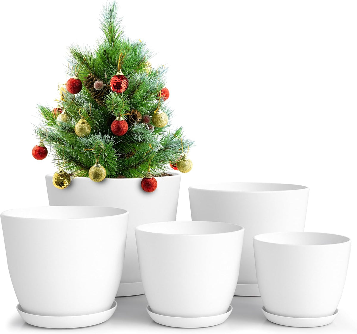 Utopia Home Plant Pots Indoor with Drainage Holes – Set of 5 White Plastic Flower Pots (7/6.6/6/5.3/4.8 Inch) – Modern Planters for Indoor Plants, Room & Office Décor, Great Stocking Stuffers