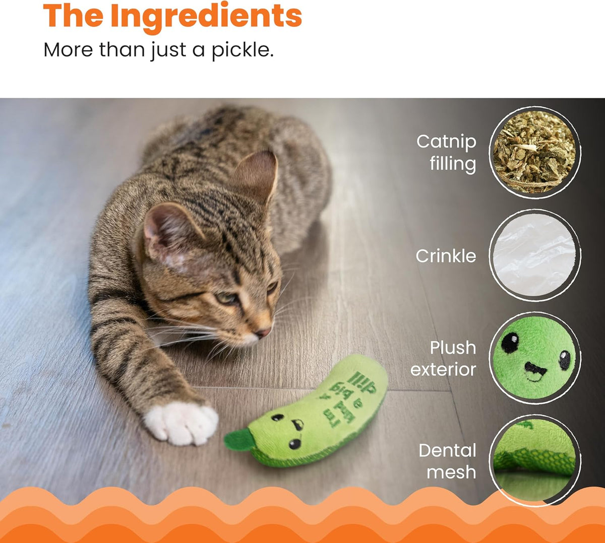 Catstages Crunchy Pickle Kicker Toy with Catnip and Dental Mesh, Pickle Shape, Plush and Crinkle Cat Toy for Kicking, Tossing, and Teeth Cleaning, Green