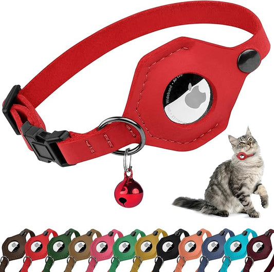Breakaway Airtag Cat Collar with Removable Bell - Leather Soft Pet Collar with Apple Air Tag Holder - Adjustable GPS Collars for Girl Boy Cats Kitten Puppy - Lightweight, Cute and Comfortable (Red)