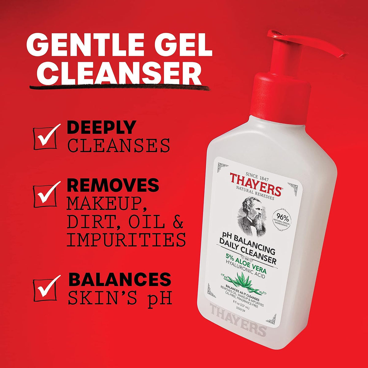 THAYERS pH Balancing Daily Cleanser, Face Wash with Aloe Vera 8 FL Oz.