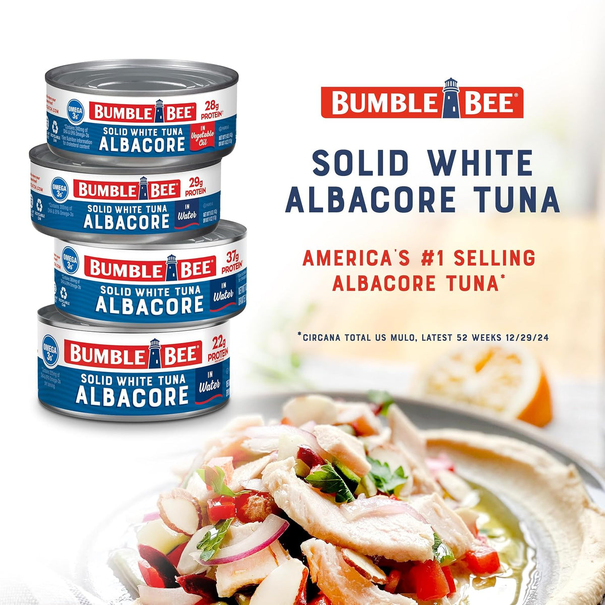 Bumble Bee Solid White Albacore Tuna in Water, 5 oz Can (Pack of 8) - Wild Caught Tuna - 29g Protein per Serving, High in Omega-3s - Non-GMO Project Verified, Gluten Free, Kosher