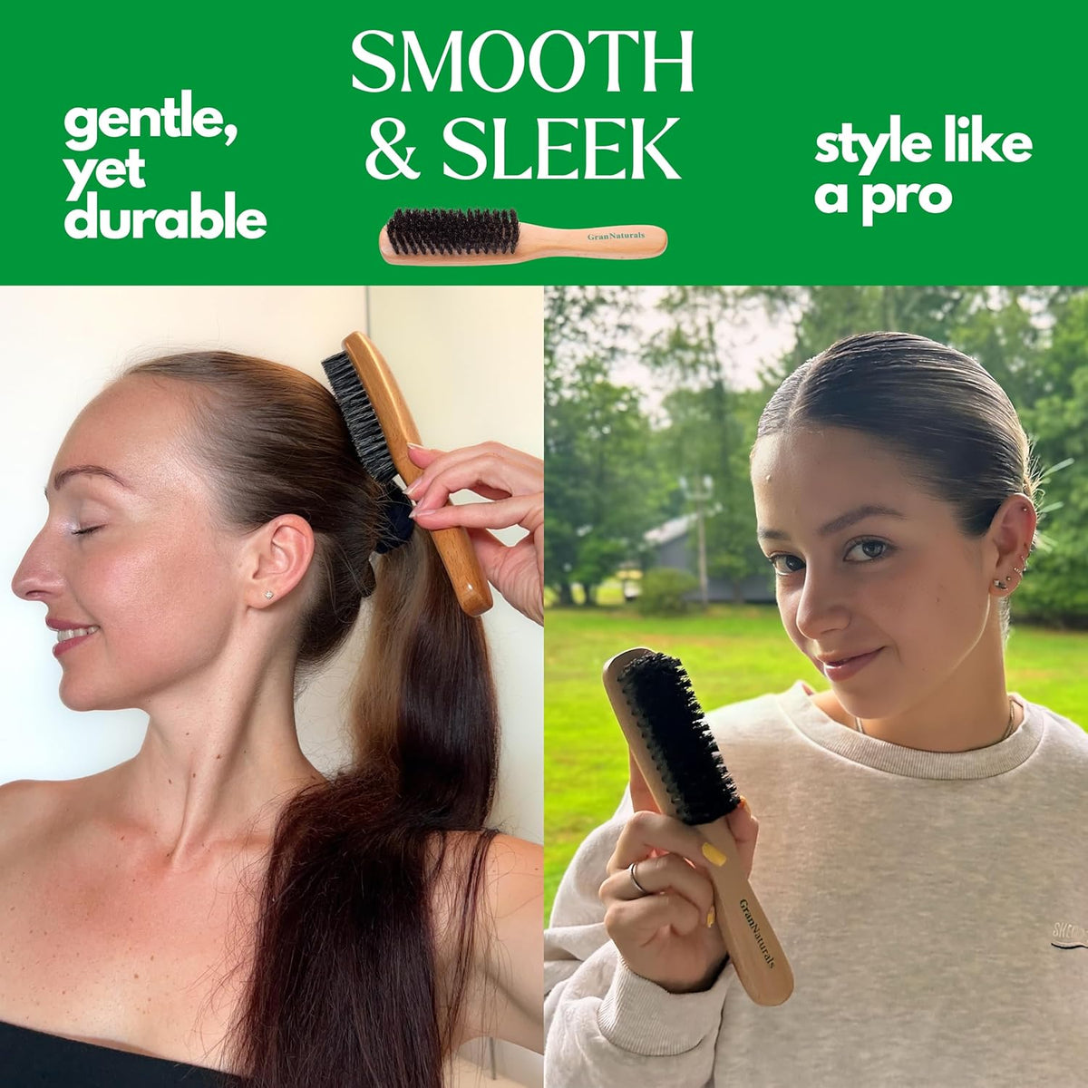 GranNaturals Boar Bristle Slick Back Hair Brush - Soft/Medium Smoothing Hairbrush to Style, Polish, & Lay Hair Down Flat to Create a Sleek Frizz Free Hairstyle for Women and Men - Wooden Handle