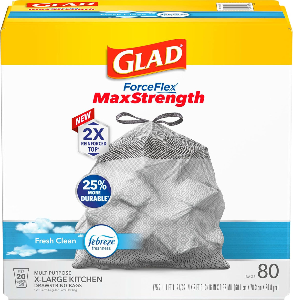 Glad ForceFlex MaxStrength Kitchen Drawstring Trash Bags, 20 Gal, Fresh Clean, 80 Ct, Pack May Vary