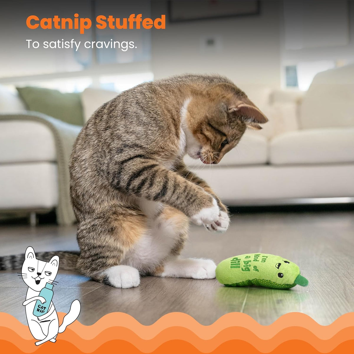 Catstages Crunchy Pickle Kicker Toy with Catnip and Dental Mesh, Pickle Shape, Plush and Crinkle Cat Toy for Kicking, Tossing, and Teeth Cleaning, Green