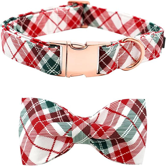 Dog Collar, Christmas Dog Collar Plaid Pet Collar Bow Holiday Bows Girl Boy Puppy Collar Adjustable Pet Collar for Small Dogs