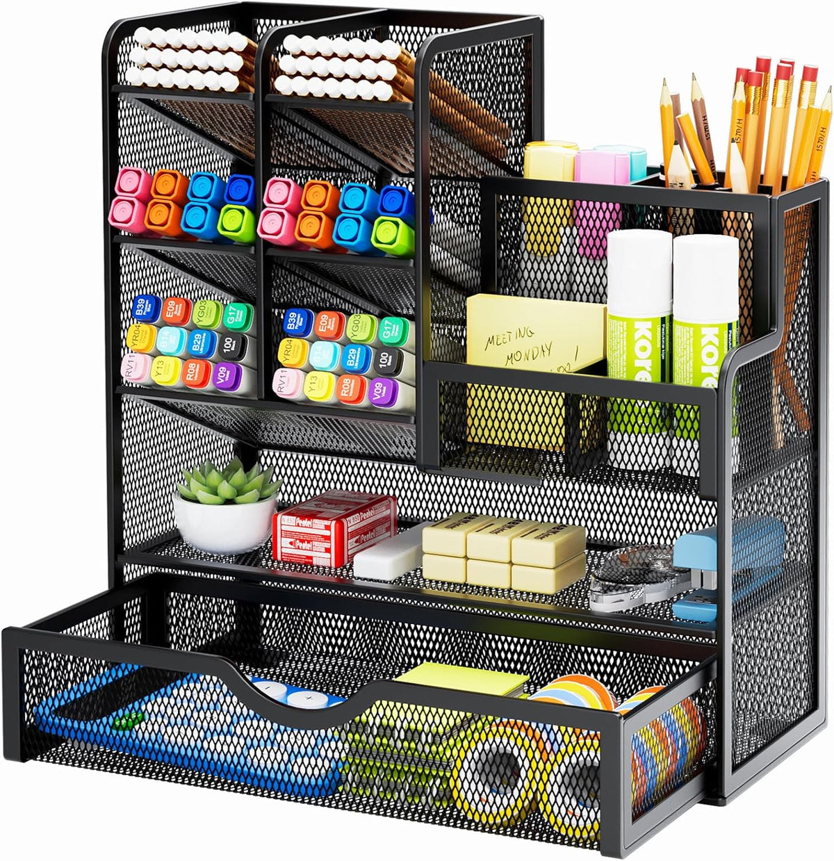 Marbrasse Mesh Pen Holder for Desk, Multi-Functional Pencil Organizer with Drawer, Desk Organizers and Accessories for Office Art Supplies (Black)