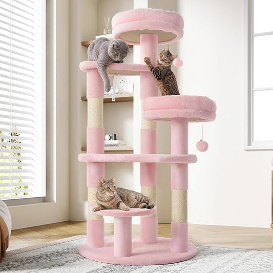 Allewie 55.5 in Cat Tree for Indoor Kitties/Soft Plush Perches/Multi-Level Cat Tower/Sisal Scratching Posts/Crescent Plates/Round Jumping Board/Hanging Ball/Pet Activity Center/Pink