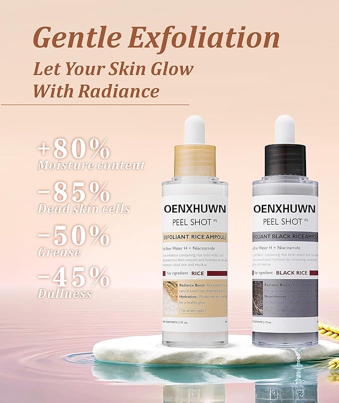 Peel Shot Glow Rice Ampoule Duo Set Day & Night, | Gentle Peel + Pore Minimizing & Deep Hydration | Black and White Rice Exfoliant for All Skin Types, 2PCS (White Rice+Black Rice)