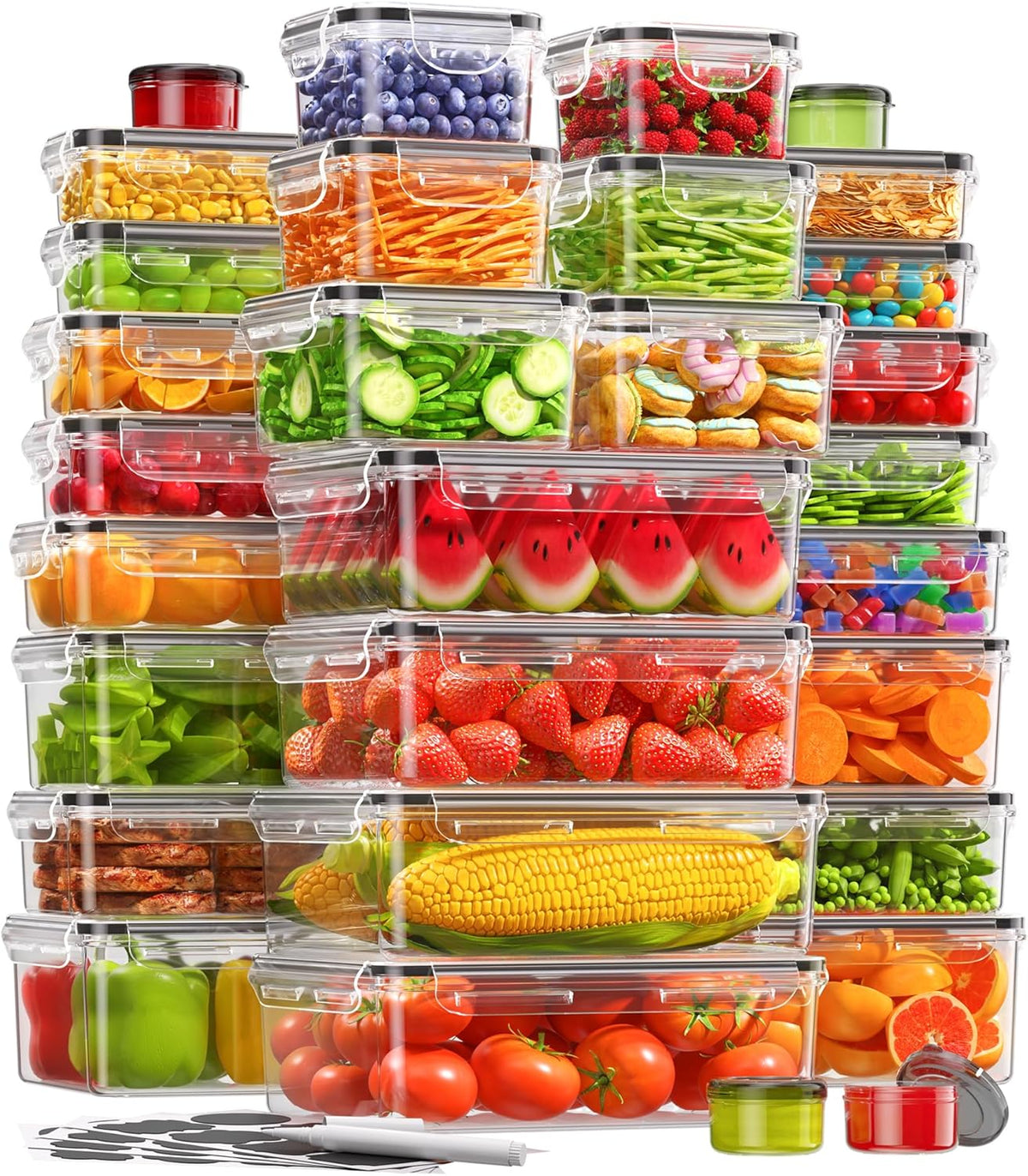 60 PCS Food Storage Containers with Lids, BPA-Free Plastic Food Containers for Kitchen Storage, Leak Proof, Reusable Meal Prep Containers with Labels & Pen