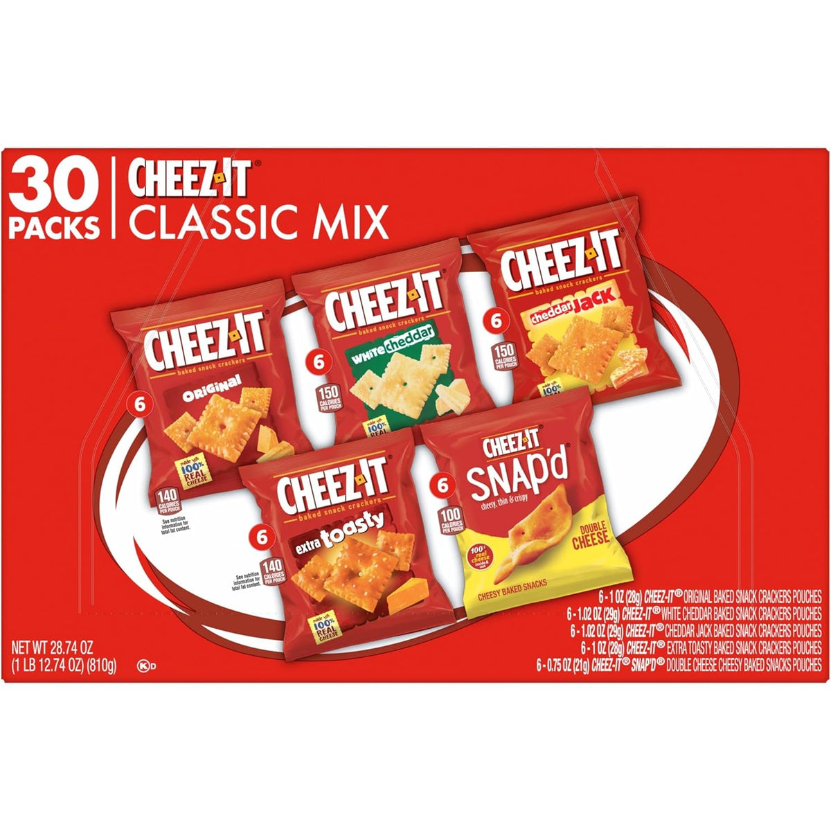 Cheez-It Cheese Crackers, Baked Snack Crackers, Office and Kids Snacks, Variety Pack, 28.74oz Box (30 Packs)