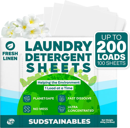 Sudstainables Laundry Detergent Sheets (200 Loads) – Eco-Friendly, Zero Waste, Plastic-Free Laundry Washing Machines Soap Sheets; Dissolvable, Space-Saving Strips for Travel (Fresh Linen)