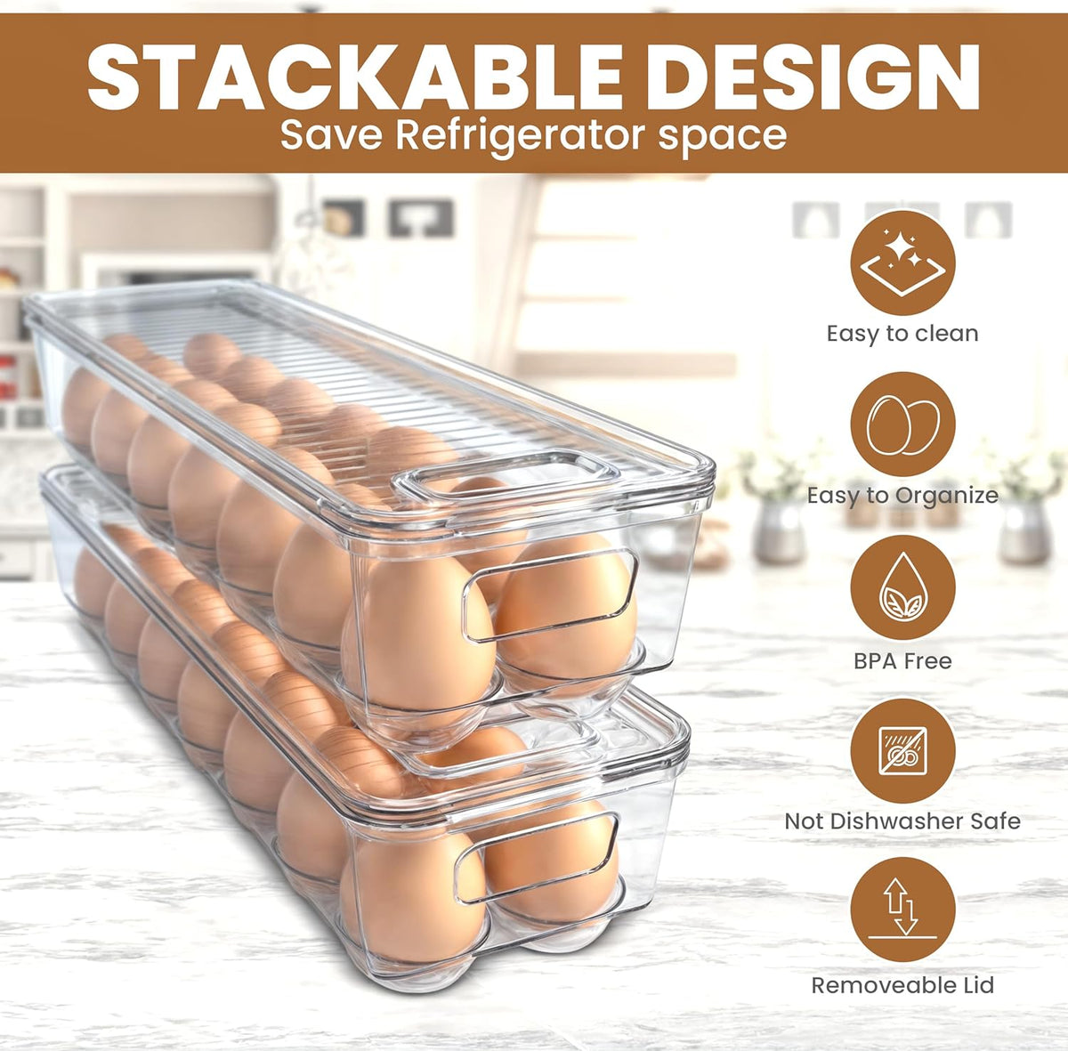 Utopia Home Egg Container With Lid and Handle for Refrigerator Organization- Pack of 2 - Clear Stackable Egg Holder for Kitchen or Pantry Organizers and Storage