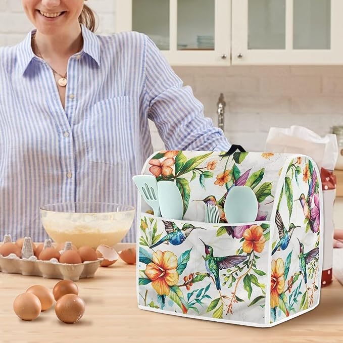 Hummingbird Flower Stand Mixer Cover with Pocket and Handle Small Appliance Dust Covers Machine Washable Kitchen Mixer Accessories Suitable for 4.5-5 Quart Coffee Makers