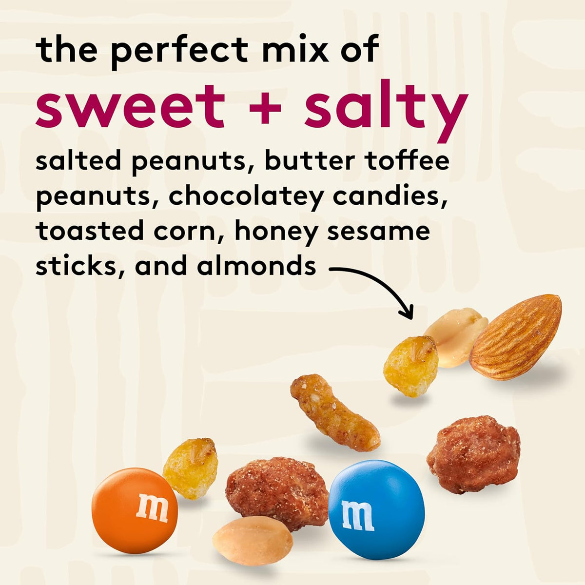 Snak Club Sweet and Salty Trail Mix with Peanuts, Butter Toffee Peanuts, M&M'S Chocolate Candies, Toasted Corn, Honey Sesame Sticks, and Almonds, Kosher Snack, 24 oz Resealable Bag