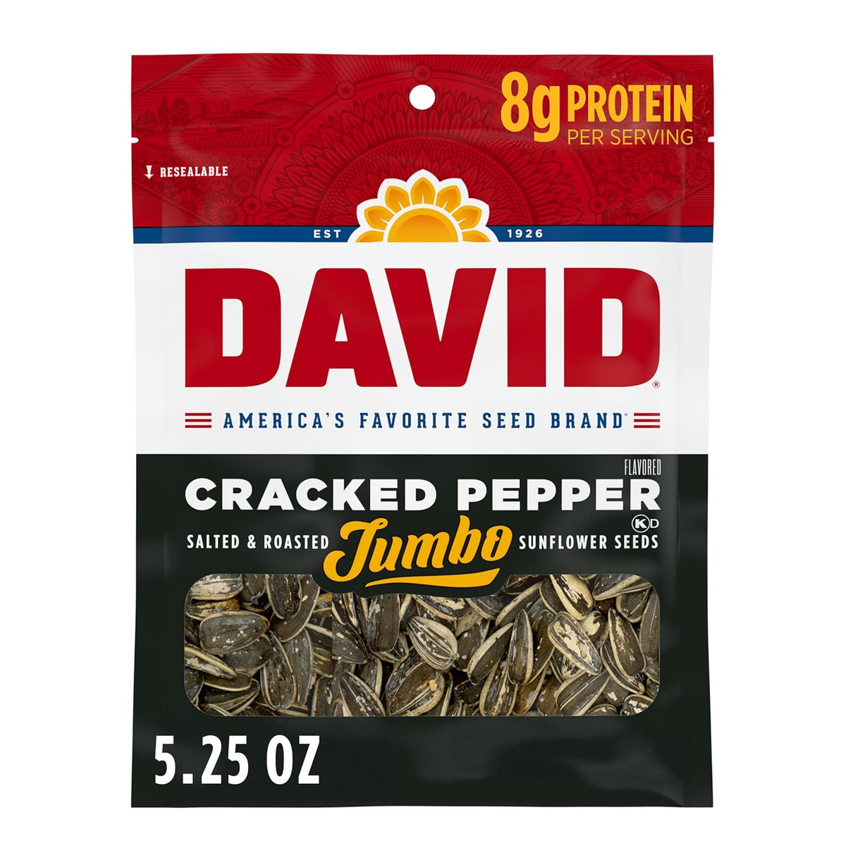 DAVID Jumbo Sunflower Seeds, Cracked Pepper Flavor, 5.25 oz.