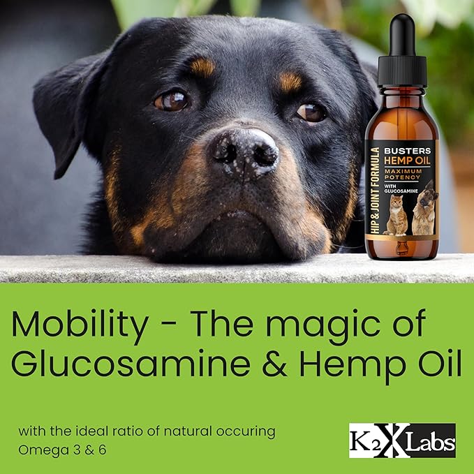 Busters Hip and Joint Hemp Oil for Dogs Formula with Glucosamine, 2Pack 2Month Supply, Soothing Relief for Cats, and Pets, Advanced Mobility Support