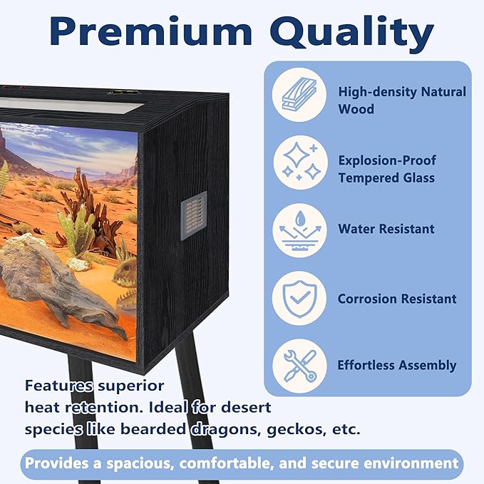 Prolee 36 Gallon Reptile Tank, Tempered Glass Bearded Dragon Tank with Wooden Roof and Lockable Doors, Large Lizard Habitat for Snakes, Iguanas, Chameleons (Black)