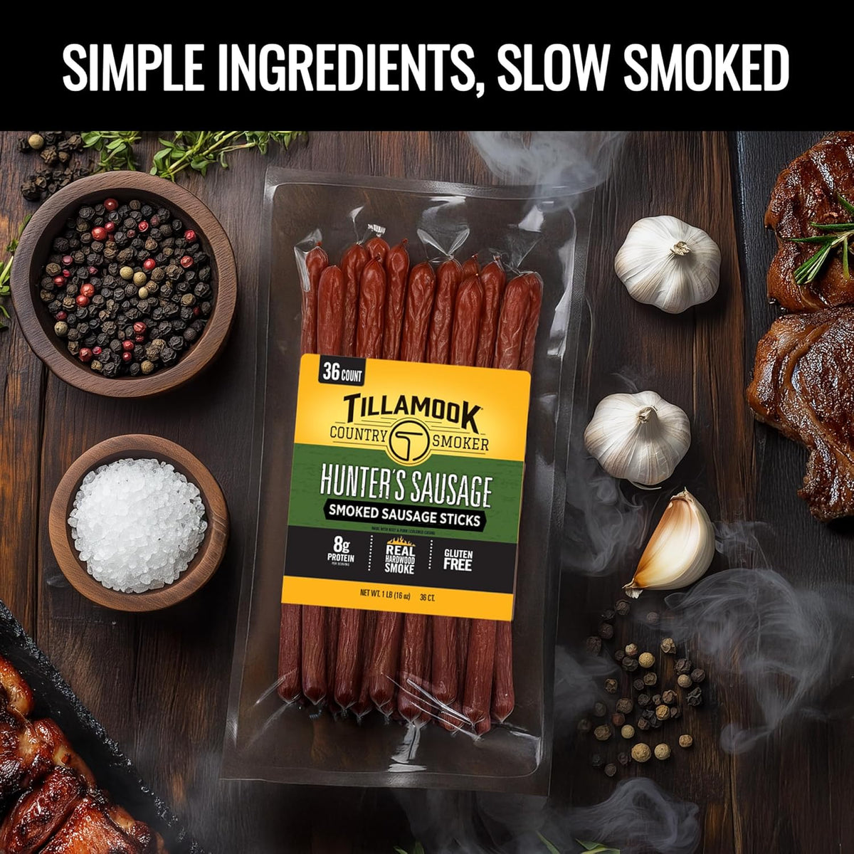 Tillamook Country Smoker Smoked Sausage, Hunter's Sausage, 16 Ounce (36 Count Meat Sticks Bulk Pack) Real Hardwood Smoked, Low Carb, High Protein Ready to Eat Keto Snack