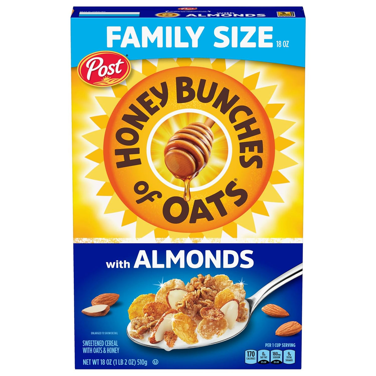 Honey Bunches of Oats with Almonds Breakfast Cereal, Honey Cereal with Granola Clusters and Sliced Almonds, Family Size, 18 OZ Box