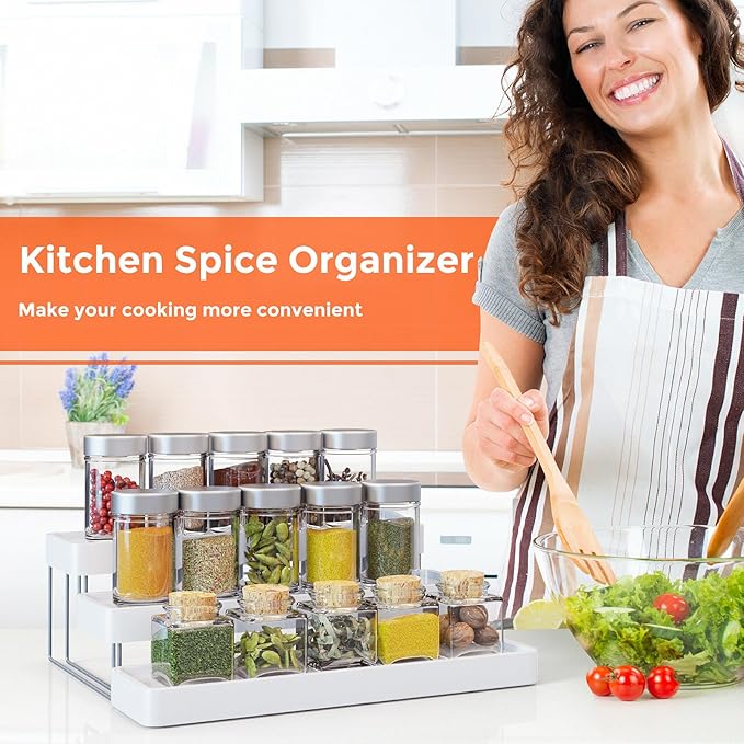 Expandable Spice Rack Organizer for Cabinet - 3 Tier Adjustable Cabinet Spice Organizer Easy Visibility - Spice Organizer for Cabinet Countertop Cupboard Pantry Organization (White)