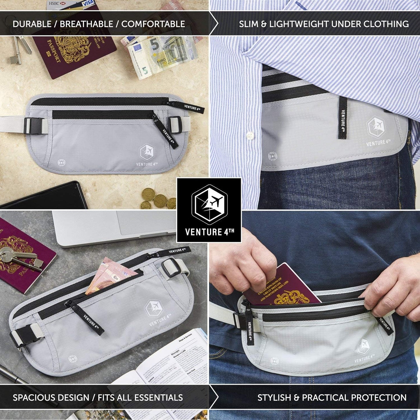 VENTURE 4TH Travel Money Belt - Slim Passport Holder RFID Blocking Travel Pouch to Protect Cash, Credit Cards and Travel Documents (Silver)