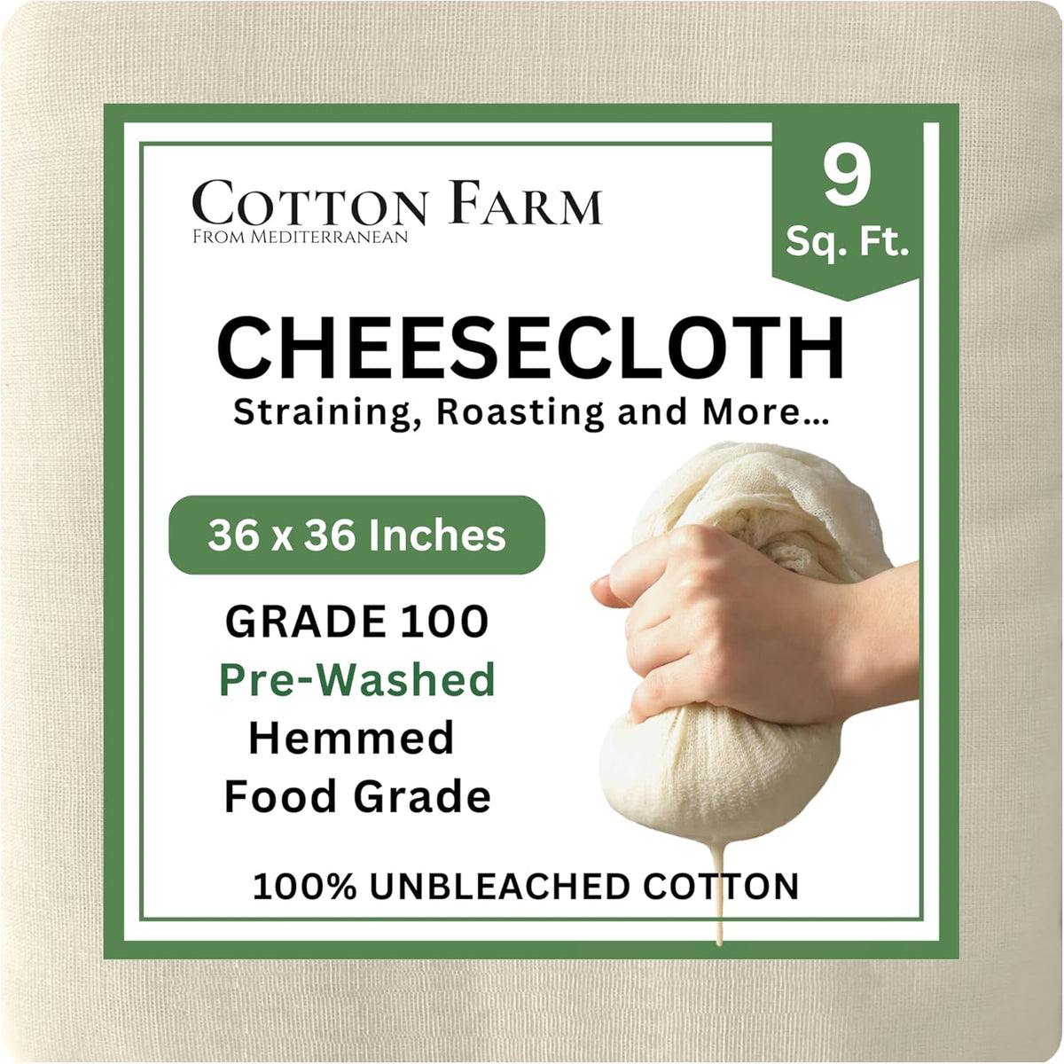 Cotton Farm Grade 100 XL Cheese Cloth - Straining & More; 36x36 Inch; 100% Unbleached Cotton Cheesecloth; Reusable with Hemmed 2 Edges; Ultra-Dense (the finest) Butter Muslin