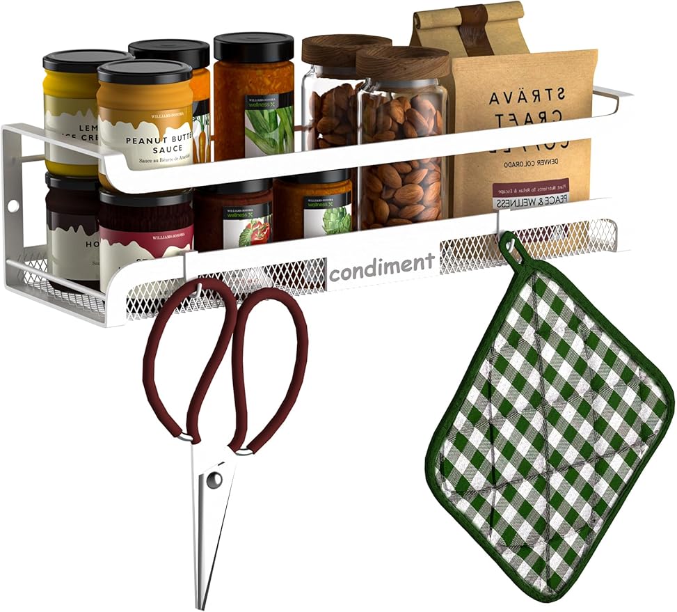 Spice Rack Wall Mount with Hooks - Spice Racks Organizer for Cabinet Storage, Wall Mounted Hanging Shelf Seasoning Organizer, for Kitchen, Pantry Door, Bathroom (White, 1 Pack)