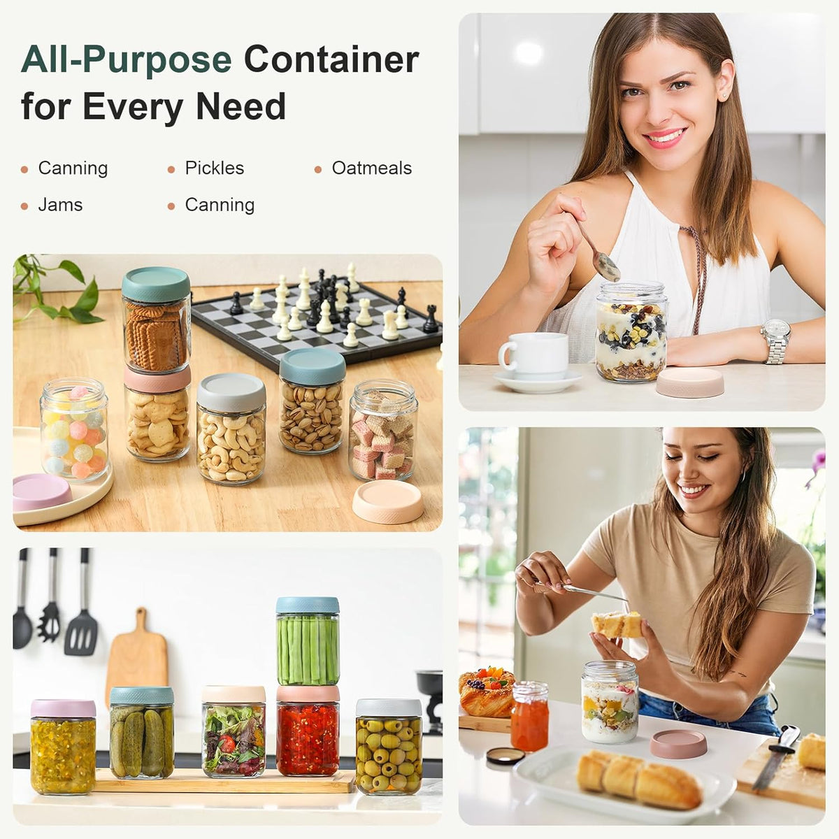 NETANY 6-pack 16 oz Overnight Oats Containers with Lids, Glass jars with Airtight Lids, Wide mouth Mason Salad jars, Glass Food Storage Containers for Snacks Yogurt Spice Sugar