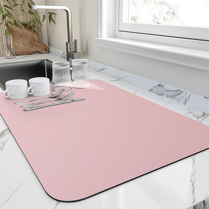 HotLive Dish Drying Mat for Kitchen Counter, Heat Resistant Drainer Mats with Non-slip Rubber Backed, Hide Stain Kitchen Super Absorbent Draining Mat, Easy to Clean Dish Rack Pad, Pink 16"x18"