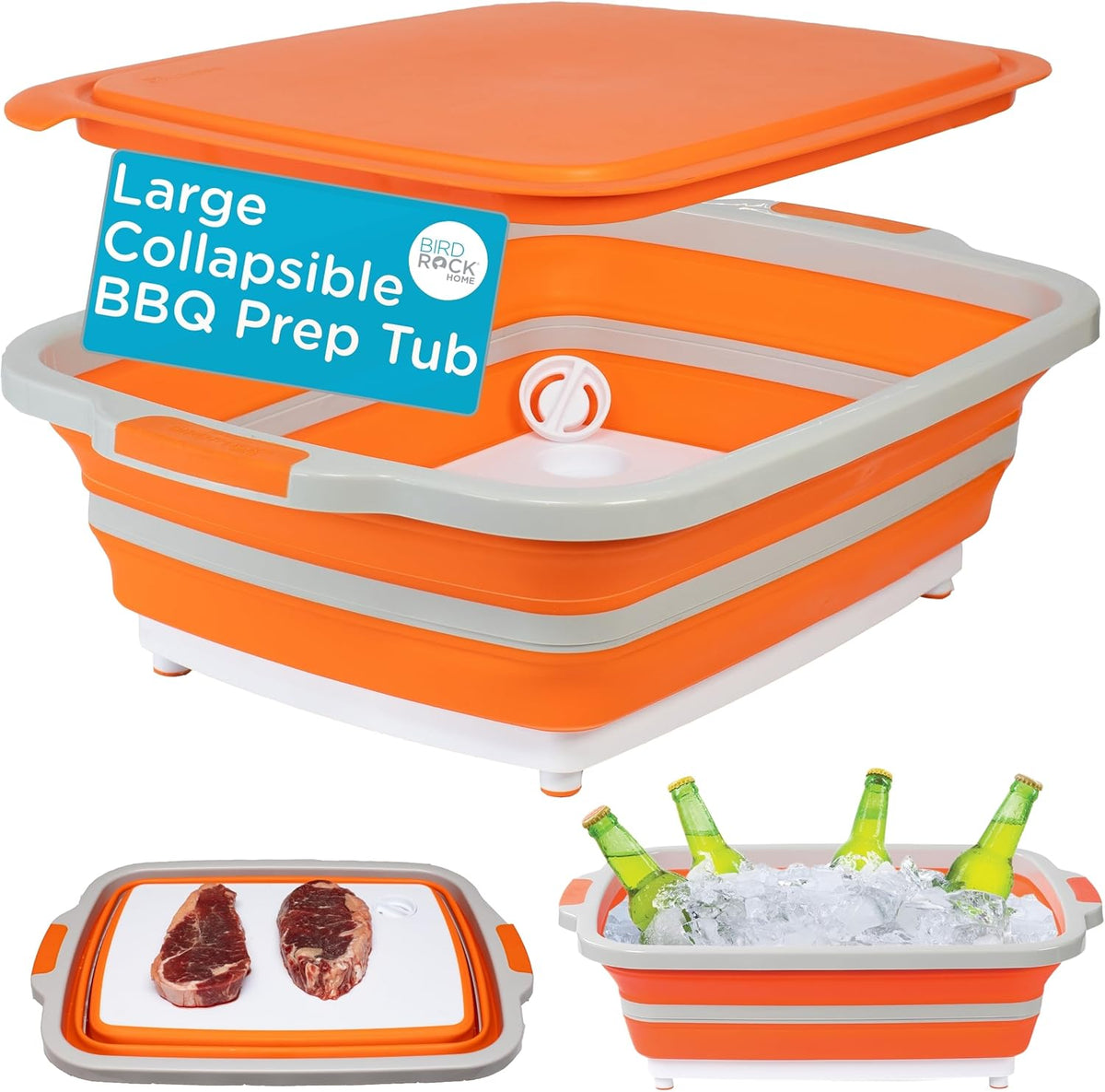 BIRDROCK HOME Collapsible Food Prep & Cutting Board and Grill Caddy Tub with Colander & Lid | Multifunctional Kitchen Vegetable Washing Basket | Silicone Dish Tub for BBQ, Picnic, Tailgate and Camping