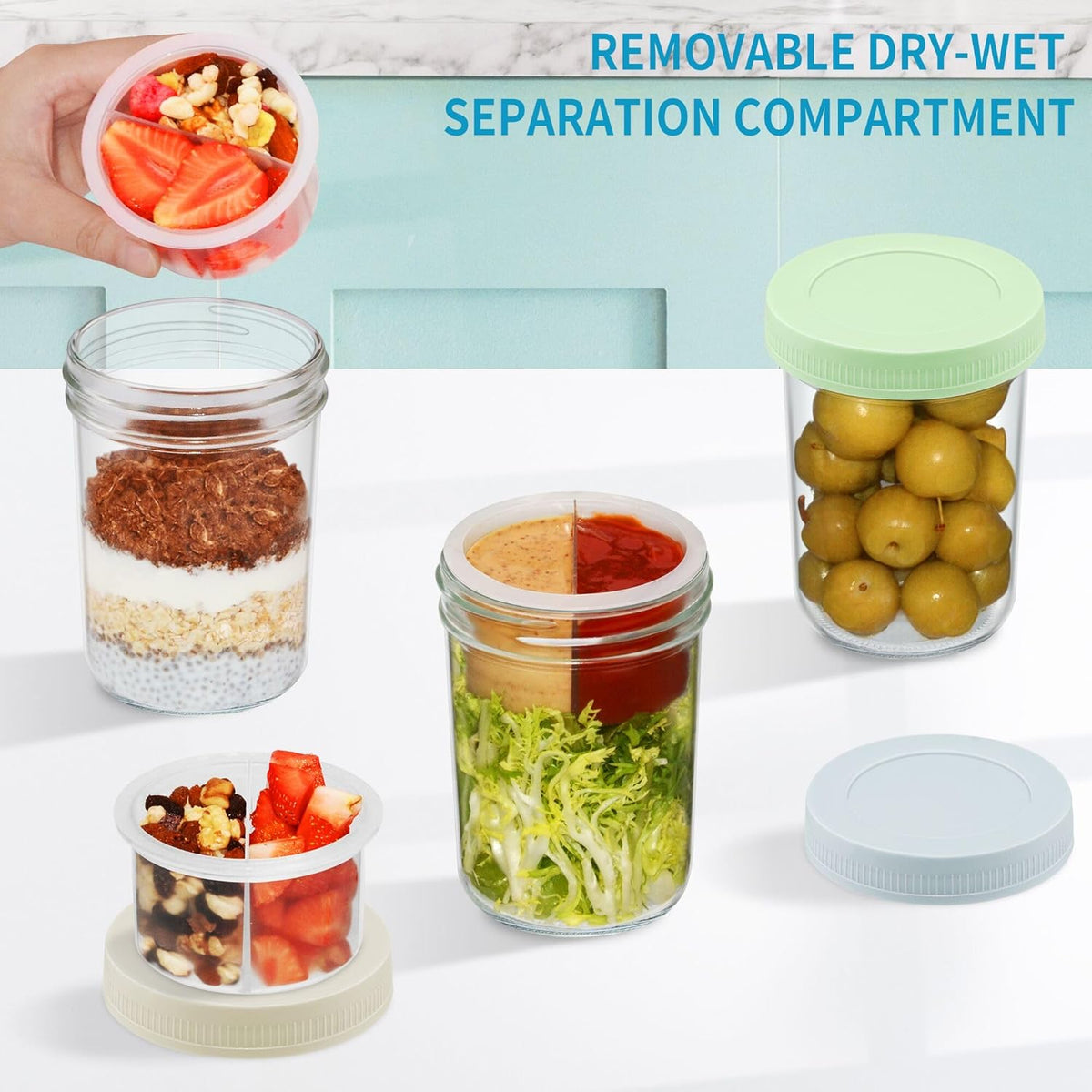 16 oz Overnight Oats Containers with Airtight Lids - 6-Pack Leak-Proof Wide Mouth Mason Jars & Divided Cups for Dried and Wet Foods, Glass Jars for Chia Pudding, Salad, Snacks, and Yogurt