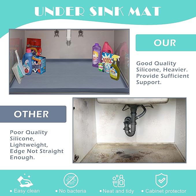 URMONA Waterproof Silicone Under Sink Mat 34'' x 19'' Shelf Liner for Kitchen and Bathroom, Cabinet and Counter Protector, Storage and Organizers, Litter Mat, Pet Cat Puppy Essentials(Navy)