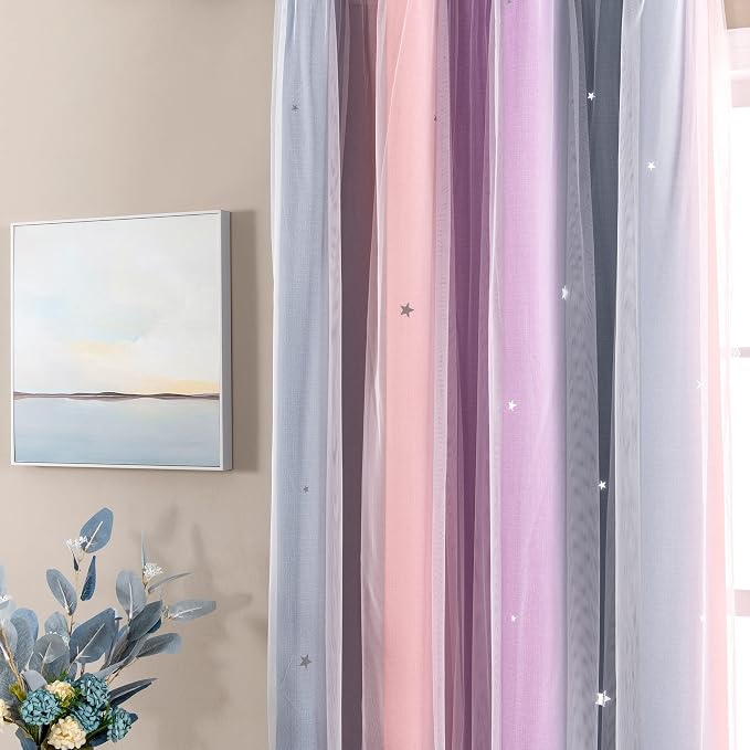 XiDi Curtains for Bedroom Decor, Rainbow GreyPinkPu-34-54