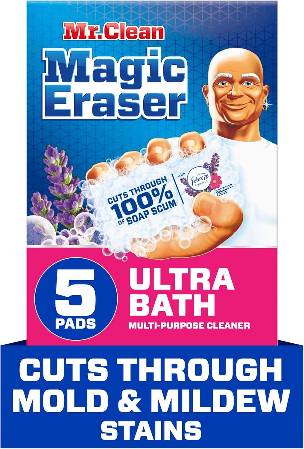 Mr. Clean Magic Eraser Sponge, Bathroom Cleaner, Shower Cleaner, Tub Cleaner, Soap Scum Remover, Bathroom Cleaning Supplies, Dawn Cleaning Power with Febreze Lavender Scent, Ultra Bath, 5ct