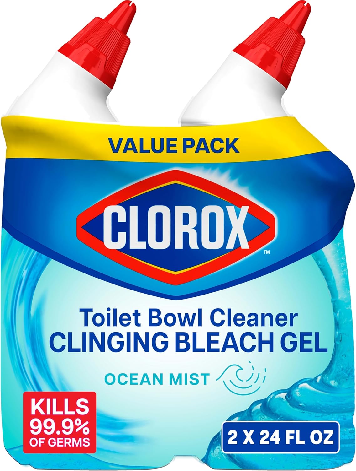 Clorox Toilet Bowl Cleaner, Clinging Bleach Gel, Ocean Mist - 24 Ounces, Pack of 2