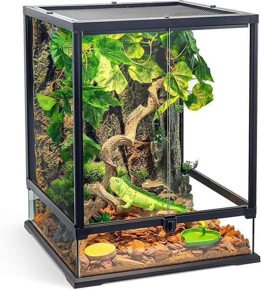 Full Glass Panoramic Vivarium for Crested Gecko Tank, Snake Enclosure, Reptile Cage with Front Door, Enhanced Ventilation & Concealed Wiring Holes 18" W x 18" x L24 H