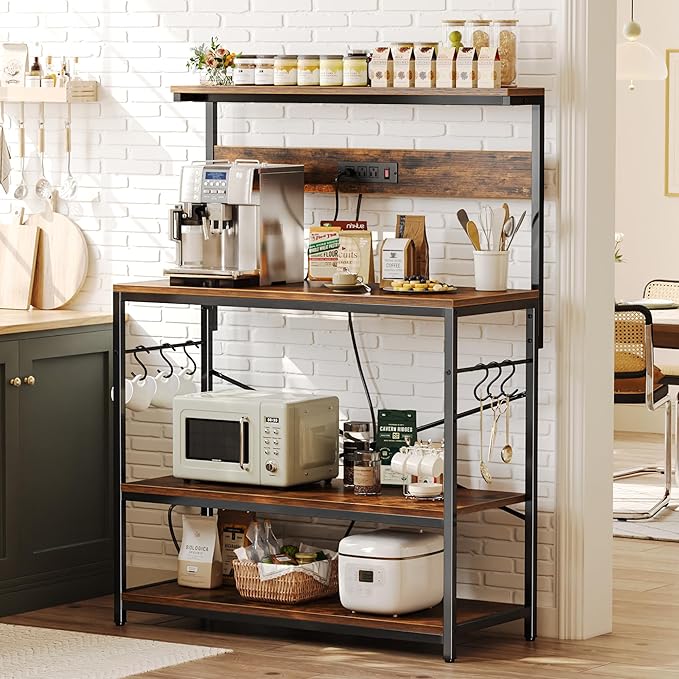 SUPERJARE Bakers Rack with Power Outlets, Microwave Stand, 39.4 X 14.3 Inch Larger Desktop, Kitchen Storage Rack with Adjustable Middle Shelf, 6 S-Shaped Hooks, Coffee Bar Stand, Rustic Brown