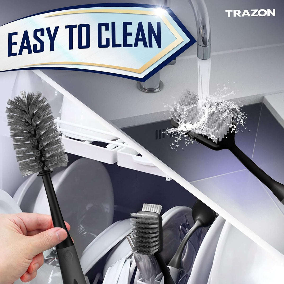 Dish Brush Set of 4 - Kitchen Scrub Brushes with Non-Slip Long Handle for Cleaning, Scrubber, Dishwashing, Dishes, Bottles, Straws, Cups, Pots & Sink, Black