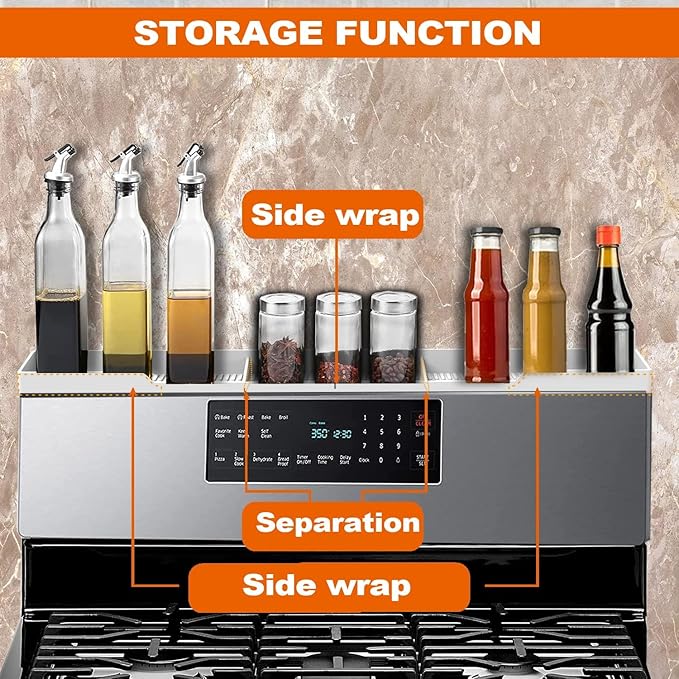 AWOKE Stove Top Shelf 30 Inch - Silicone Material Magnetic Shelf for The Stove - 3 Functional Partitions Kitchen Spice Rack Organizer - White