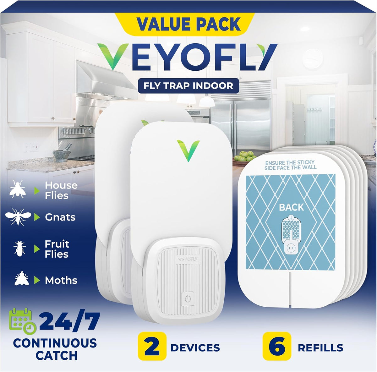 VEYOFLY Fly Trap Indoor, Fruit Fly Traps for Indoors Flying Insect (2 Device + 6 Refills) Gnat Traps for House Indoor, Bug Zapper Indoor, Gnat Killer Catcher & Fruit Fly Killer Light Plug in