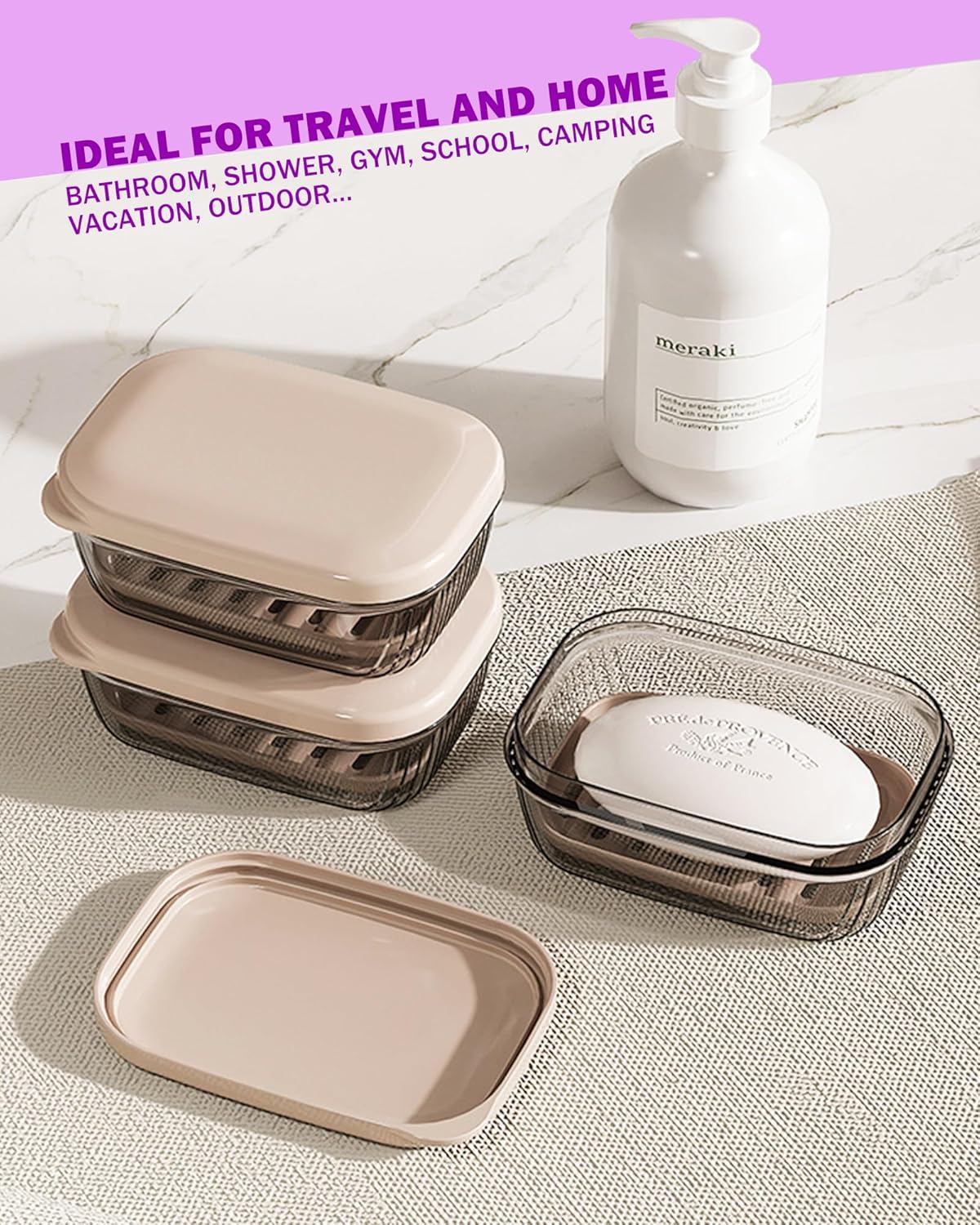 Travel Essentials Soap Holder with Lid,Leakproof Soap Dish with Drainage Layer, Portable Travel Soap Bar Case for Camping, Gym, Bathroom,Kitchen,Dormitory,Hotel(Clear)