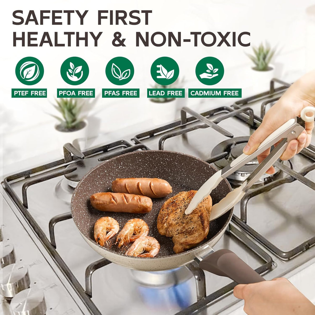 Pots and Pans Set Non Stick, 5Pcs Ceramic Cookware Set, Healthy Non-toxic Induction Cookware with Stay-Cool Handle, Basic Kitchen Utensils Set PFAS-Free