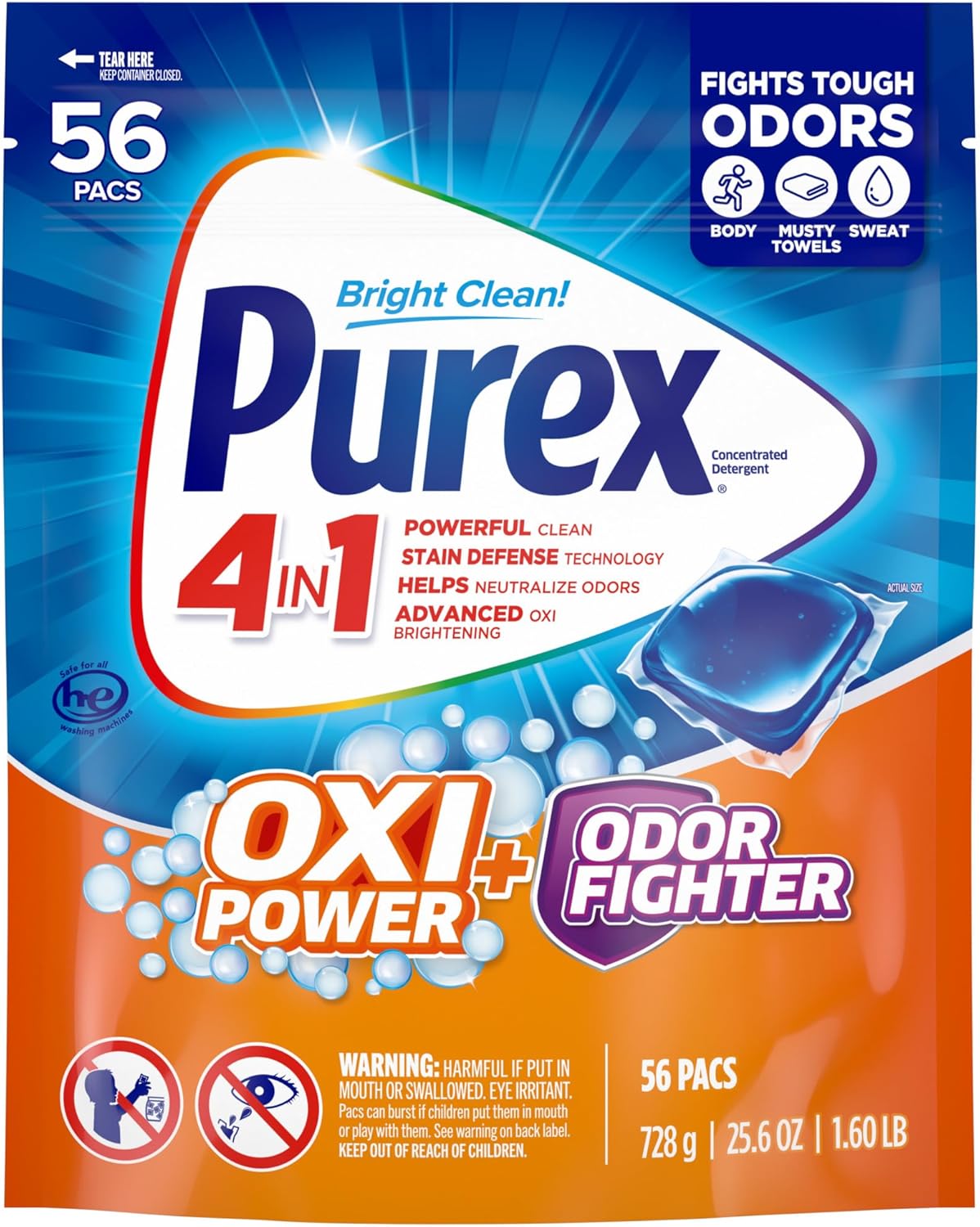 Purex 4-in-1 Oxi Power + Odor Fighter Laundry Detergent Pacs, Fresh Morning Burst, 56 Count
