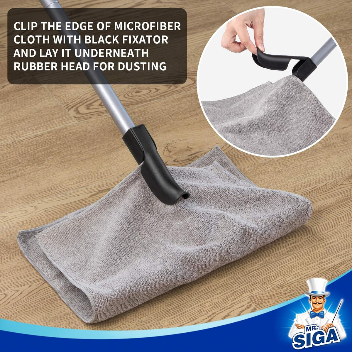 MR.SIGA Pet Hair Removal Rubber Broom with Built in Squeegee, 3 in 1 Floor Brush for Carpet, 61 inch Adjustable Handle, Includes 1 Microfiber Cloth for Floor Dusting