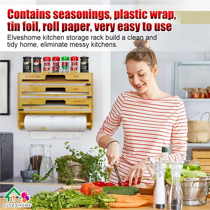 5 in 1 Foil and Plastic Wrap Organizer with Cutter, Plastic Wrap Food Dispenser with Paper Towel Holder for 12 inch Roll Wax Paper Parchment, Wall Mount Aluminum Foil Dispenser for Kitchen Storage