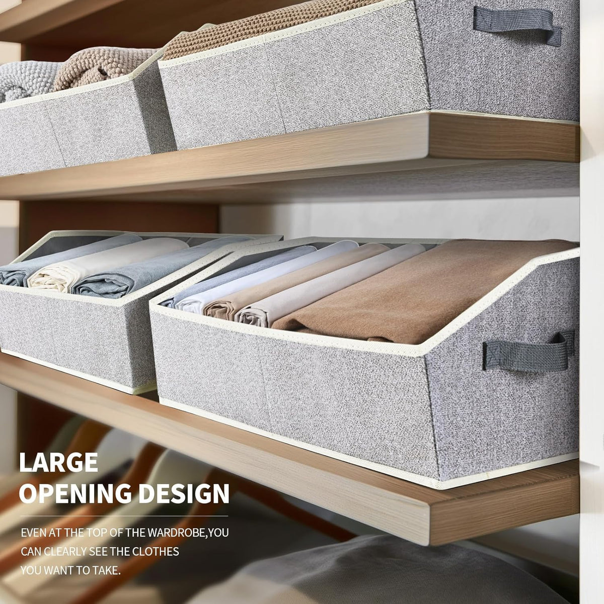 Closet Organizers Bins 6 Packs - Large Closet Shelf Organizer with Handles, Fabric Trapezoid Storage Bins, Collapsible Storage Cubes for Clothes, Towels, Light Gray